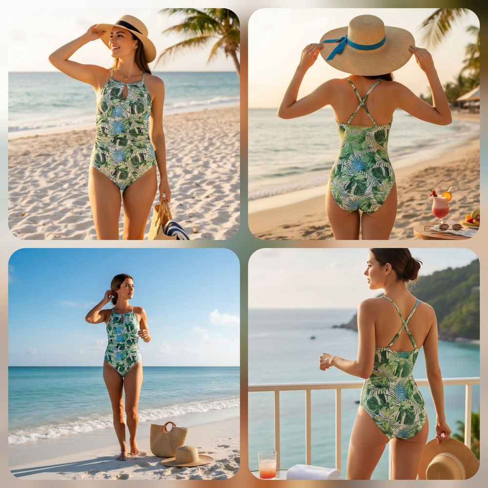 Tahari One piece Swimsuit Bathing Suit Keyhole MEDIUM Tropical Green Leaf Palm - Picture 12 of 16